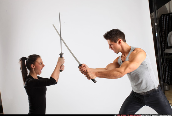 Man & Woman Adult Athletic White Fighting with sword Standing poses Casual