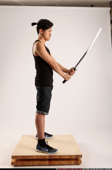 Man Young Athletic Fighting with sword Standing poses Casual Asian