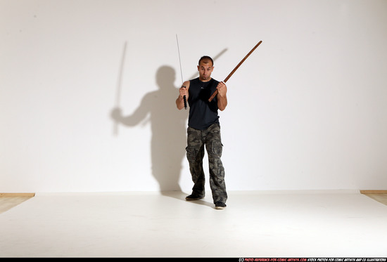 Man Adult Athletic White Fighting with sword Moving poses Casual