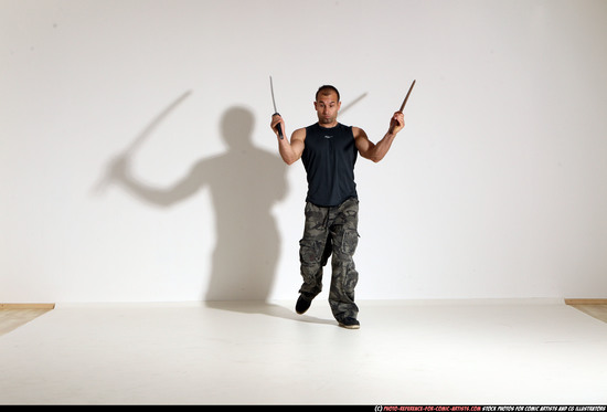 Man Adult Athletic White Fighting with sword Moving poses Casual