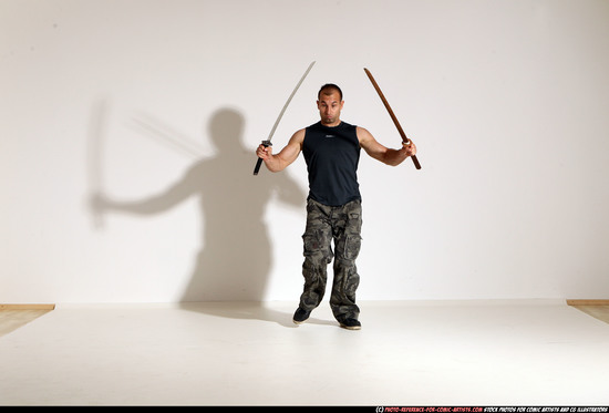 Man Adult Athletic White Fighting with sword Moving poses Casual