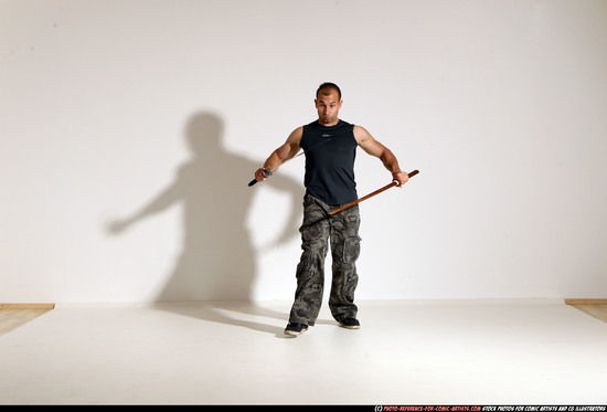 Man Adult Athletic White Fighting with sword Moving poses Casual