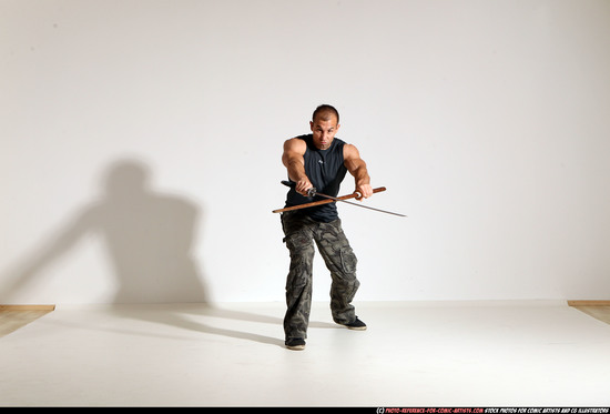 Man Adult Athletic White Fighting with sword Moving poses Casual