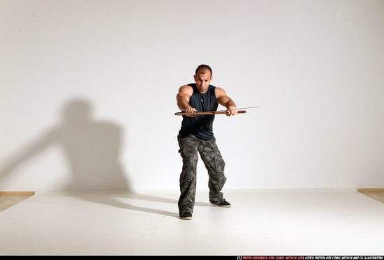 Man Adult Athletic White Fighting with sword Moving poses Casual