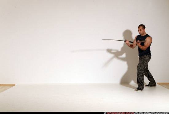 Man Adult Athletic White Fighting with sword Moving poses Casual