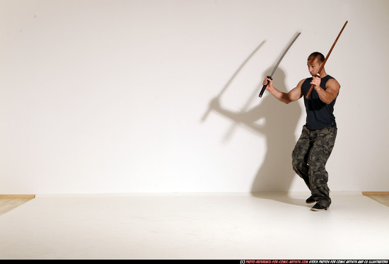 Man Adult Athletic White Fighting with sword Moving poses Casual