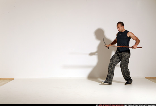 Man Adult Athletic White Fighting with sword Moving poses Casual