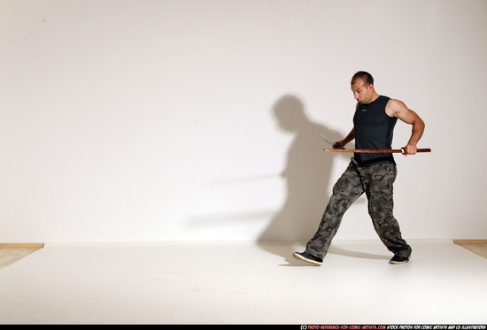 Man Adult Athletic White Fighting with sword Moving poses Casual