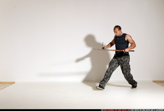 Man Adult Athletic White Fighting with sword Moving poses Casual