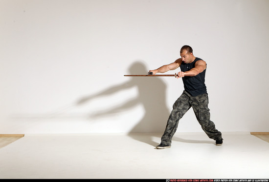 Man Adult Athletic White Fighting with sword Moving poses Casual