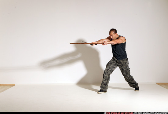 Man Adult Athletic White Fighting with sword Moving poses Casual