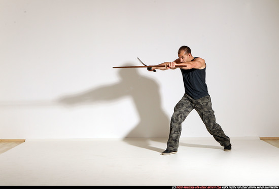 Man Adult Athletic White Fighting with sword Moving poses Casual