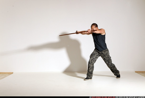 Man Adult Athletic White Fighting with sword Moving poses Casual