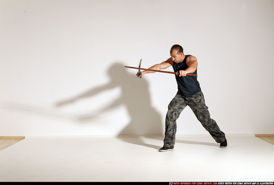 Man Adult Athletic White Fighting with sword Moving poses Casual