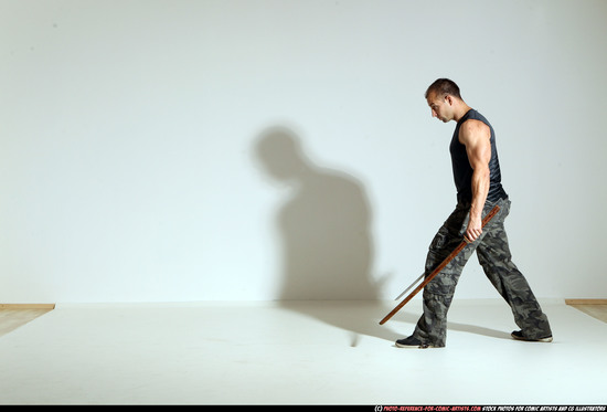 Man Adult Athletic White Fighting with sword Moving poses Casual