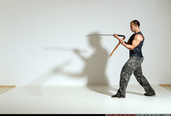 Man Adult Athletic White Fighting with sword Moving poses Casual