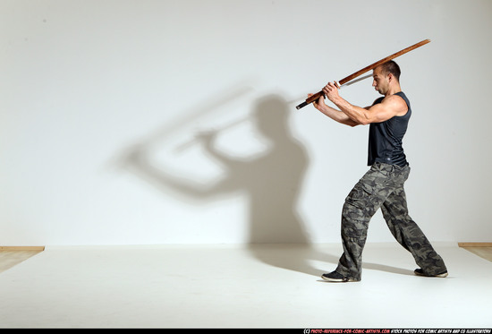 Man Adult Athletic White Fighting with sword Moving poses Casual