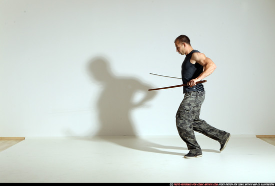 Man Adult Athletic White Fighting with sword Moving poses Casual