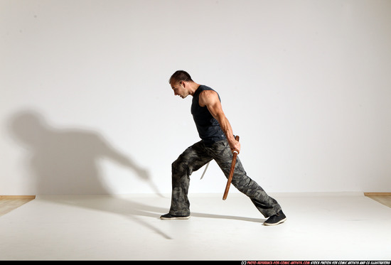 Man Adult Athletic White Fighting with sword Moving poses Casual