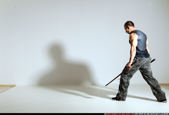 Man Adult Athletic White Fighting with sword Moving poses Casual