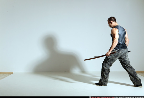 Man Adult Athletic White Fighting with sword Moving poses Casual