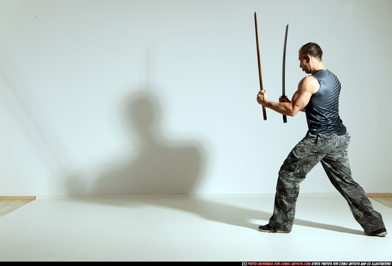 Man Adult Athletic White Fighting with sword Moving poses Casual