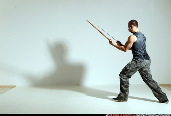 Man Adult Athletic White Fighting with sword Moving poses Casual