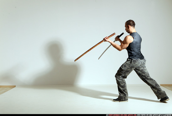 Man Adult Athletic White Fighting with sword Moving poses Casual