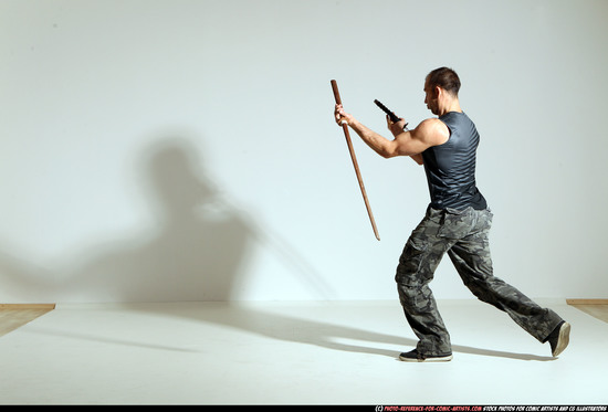 Man Adult Athletic White Fighting with sword Moving poses Casual