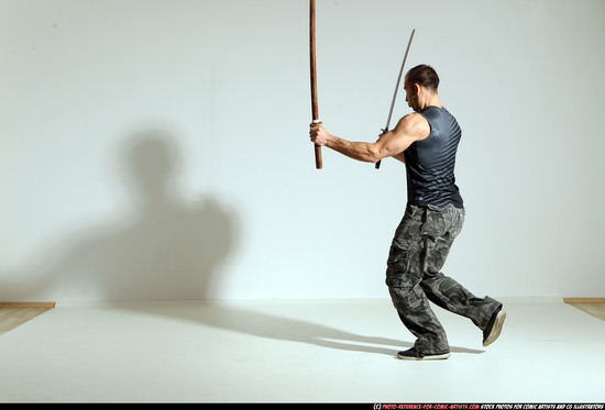 Man Adult Athletic White Fighting with sword Moving poses Casual