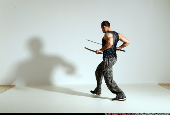 Man Adult Athletic White Fighting with sword Moving poses Casual