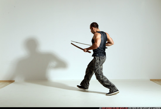 Man Adult Athletic White Fighting with sword Moving poses Casual