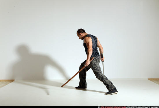 Man Adult Athletic White Fighting with sword Moving poses Casual