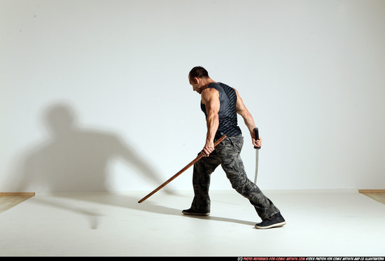 Man Adult Athletic White Fighting with sword Moving poses Casual