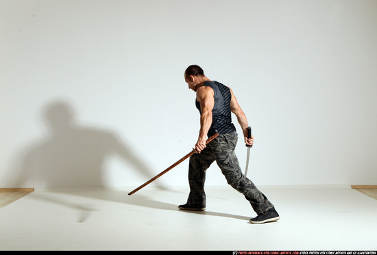 Man Adult Athletic White Fighting with sword Moving poses Casual