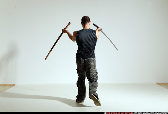 Man Adult Athletic White Fighting with sword Moving poses Casual