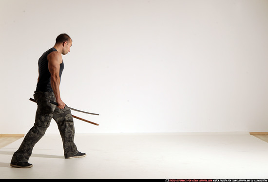 Man Adult Athletic White Fighting with sword Moving poses Casual