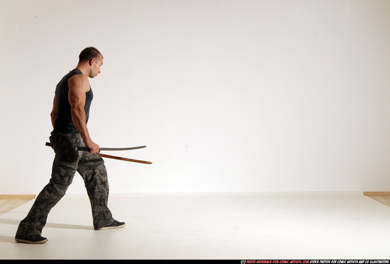 Man Adult Athletic White Fighting with sword Moving poses Casual