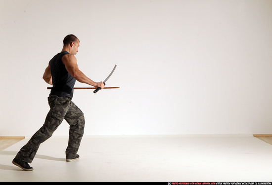 Man Adult Athletic White Fighting with sword Moving poses Casual