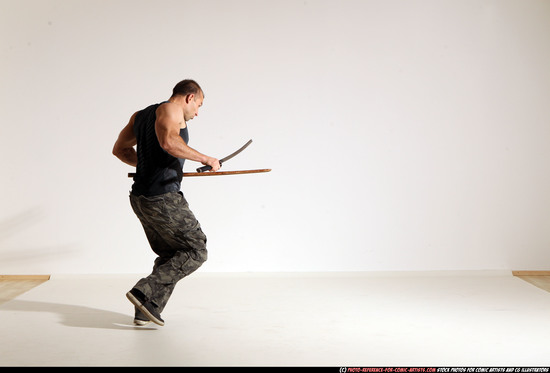 Man Adult Athletic White Fighting with sword Moving poses Casual