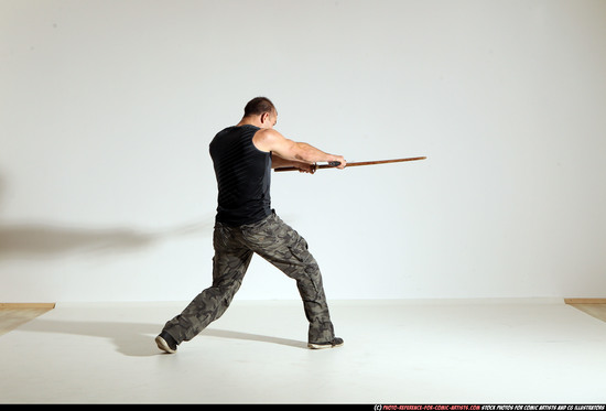 Man Adult Athletic White Fighting with sword Moving poses Casual