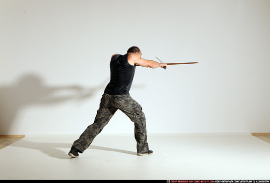 Man Adult Athletic White Fighting with sword Moving poses Casual