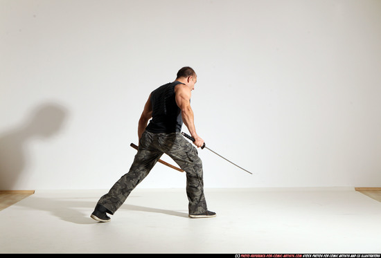 Man Adult Athletic White Fighting with sword Moving poses Casual