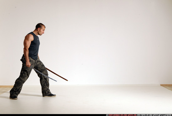 Man Adult Athletic White Fighting with sword Moving poses Casual