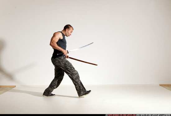 Man Adult Athletic White Fighting with sword Moving poses Casual