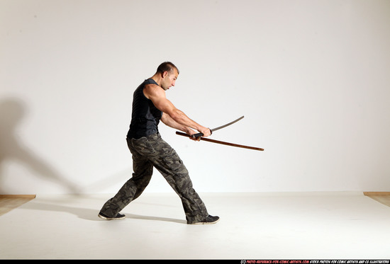 Man Adult Athletic White Fighting with sword Moving poses Casual