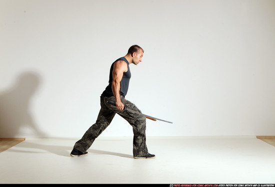 Man Adult Athletic White Fighting with sword Moving poses Casual