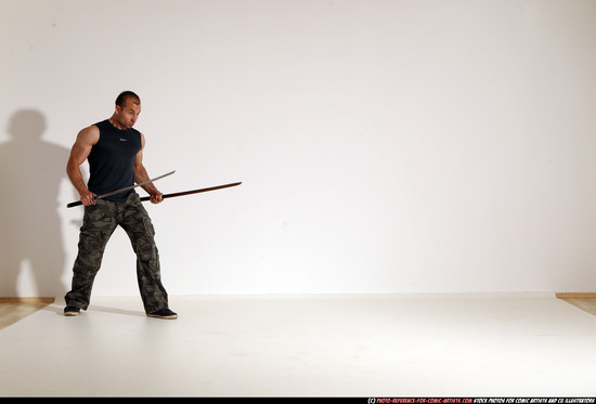 Man Adult Athletic White Fighting with sword Moving poses Casual