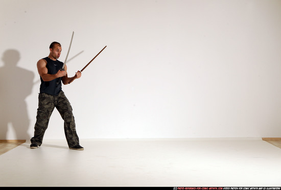 Man Adult Athletic White Fighting with sword Moving poses Casual