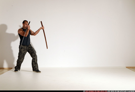 Man Adult Athletic White Fighting with sword Moving poses Casual